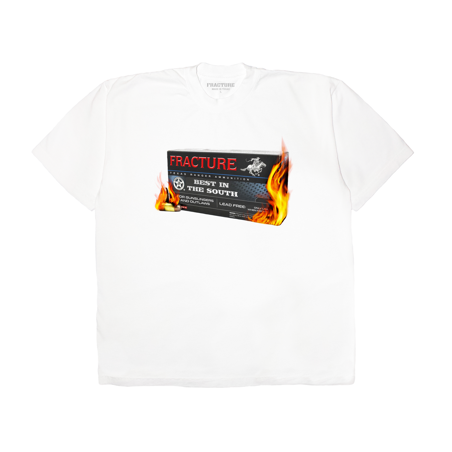 Wild west inspired graphic tee with flamed bullets and an ammunition cartridge.